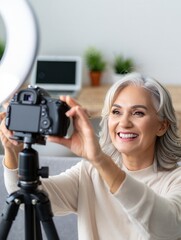 Naklejka premium A cheerful older woman is using a camera on a tripod in her home studio, capturing moments with a bright smile. Ideal for photography and lifestyle themes.