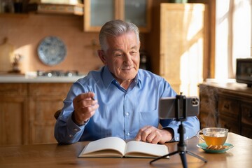 An elderly man is having a video call in a warm kitchen setting, enjoying tea while reading notes. The atmosphere is inviting and friendly.