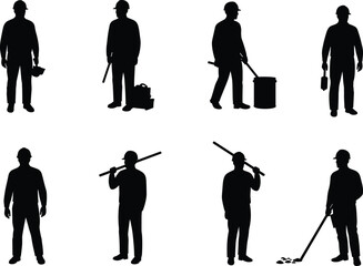 Construction worker silhouette, toolbox, pipe, barrel, paint, brush, rake, manual labor, industrial, tools, equipment, job, worker, building, repair, site