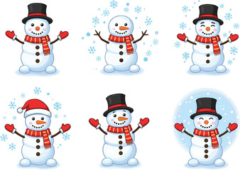 Cartoon snowmen with hats, scarves, mittens, snowflakes, winter holiday characters, cute expressions, festive Christmas clipart