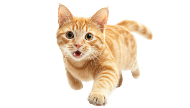 A playful orange tabby cat energetically running towards the camera in a bright. minimalistic environment. its lively personality and agility. ideal for pet-related content