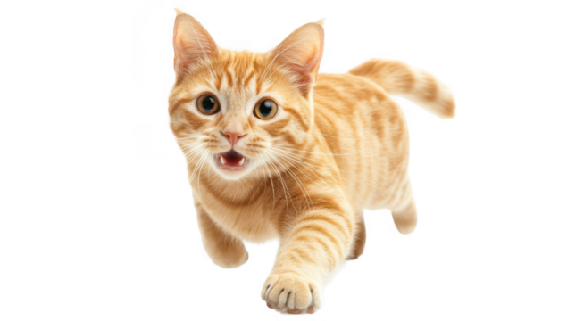 A playful orange tabby cat energetically running towards the camera in a bright. minimalistic environment. its lively personality and agility. ideal for pet-related content