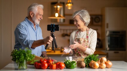 An elderly couple enjoys cooking together in a bright kitchen, sharing laughter and preparing fresh ingredients for a meal.