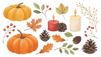 Autumn Décor PNG Set – Pumpkins, Leaves, Candles, Pinecones and Berries, Transparent Background