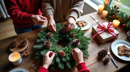 Festive wreath making by diverse young adults at holiday gathering