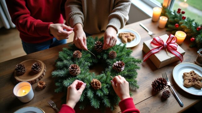 Festive wreath making by diverse young adults at holiday gathering - Powered by Adobe