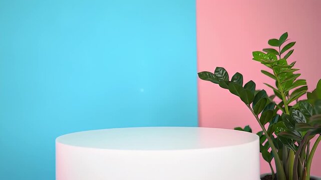 White Cylinder Podium with Green Plant against Blue and Pink Geometric Background