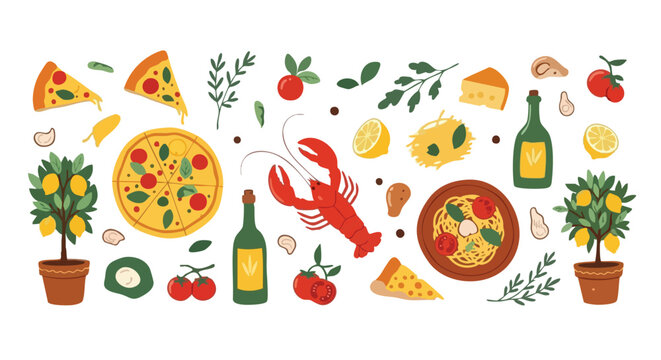 Delicious Italian feast featuring vibrant pizza, fresh lobster, pasta, lemons, and wine perfect for culinary themes