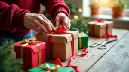Female wrapping gifts with red bows on wooden table during christmas