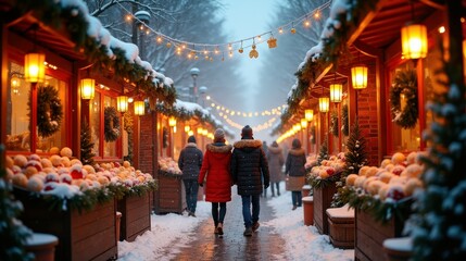 Naklejka premium Festive winter market stroll with caucasian adults in snowy night scene