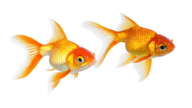 Two goldfish gracefully swimming against a clean white background. their shimmering scales and flowing fins. ideal for aquatic-themed designs or educational materials