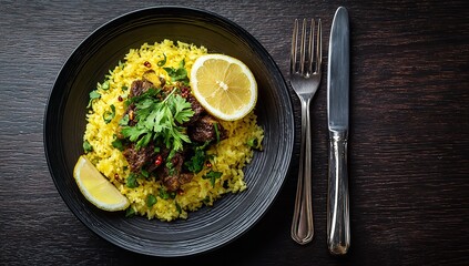 Savor the rich flavors of this perfectly plated, vibrant curry with fluffy rice and a refreshing lemon slice, promising an exquisite culinary experience