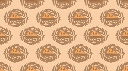 Seamless pattern featuring stylized floral wreaths with geometric shapes in a warm color palette for textile design and backgrounds