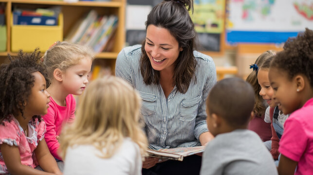A teacher is reading a book to a group of children