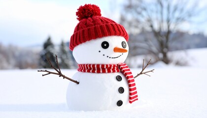 Snowman in red hat and scarf in snowy forest