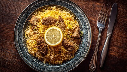 Savor the rich aroma and vibrant flavors of a delicious biryani, perfectly plated with tender meat and a zesty lemon slice for an exquisite culinary experience