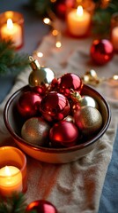 Festive bowl of red and gold christmas ornaments with lit candles and pine branches