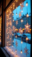 Cozy winter window with snowflake lights and snowy street scene
