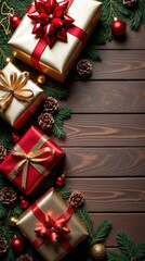Festive christmas presents and decorations on wooden background with pine cones