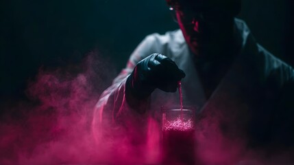 A scientist in a dark laboratory pours a glowing pink liquid into a beaker surrounded by dramatic smoke