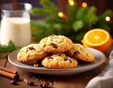A plate of chocolate chip cookies sits on a wooden table next to an orange slice, milk, and cinnamon sticks