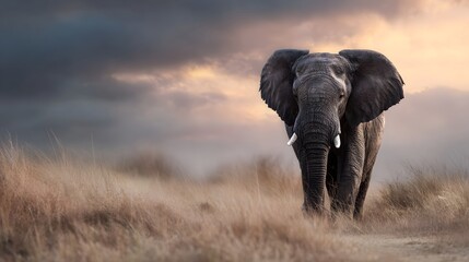 Naklejka premium Majestic elephant strides through dry savanna grass bathed in golden hour light beneath a dramatic sky