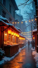 Fototapeta premium Winter night market with lanterns and snow-covered stalls