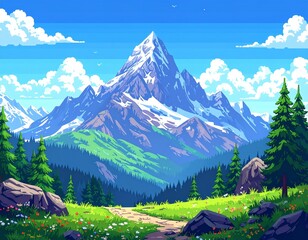A beautiful pixel art landscape featuring a majestic snow-capped mountain and a serene valley path leading to adventure