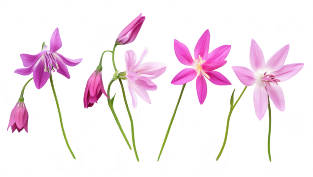 A arrangement of various blooming flowers in shades of pink and purple. their delicate petals and green stems against a clean white background. perfect for nature-themed projects