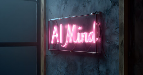 Bright pink neon sign displays "AI Mind" against dark blue wall. Modern aesthetic, simple typography, vibrant illumination.