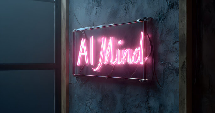 Bright pink neon sign displays "AI Mind" against dark blue wall. Modern aesthetic, simple typography, vibrant illumination.