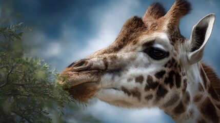 Close up portrait of a giraffe feeding on green leaves from a tree set against a blue sky with clouds capturing a peaceful wildlife moment