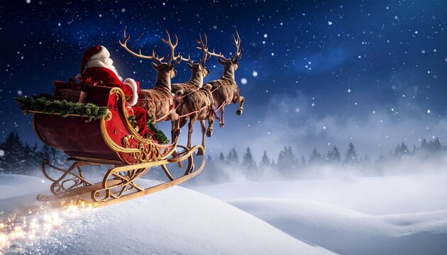 Santa flying in sleigh with reindeer over snowy forest at night