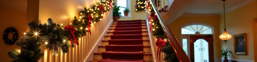 Festive staircase with christmas garland and twinkling lights