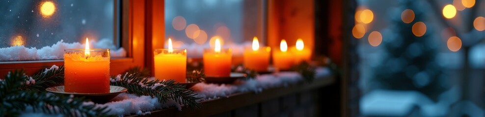 Warm candle glow on snowy winter window sill with holiday lights and pine branches