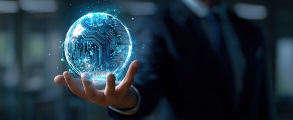 The holographic globe held by businessman symbolizes global digital connectivity and strategic innovation
