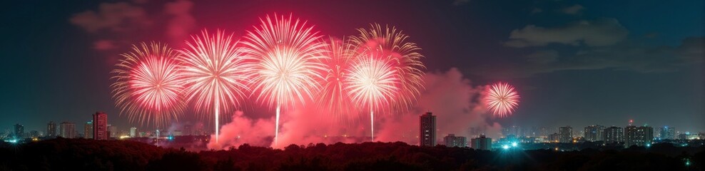 Vibrant red fireworks illuminating city skyline at night