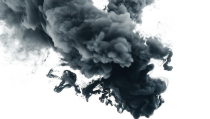 A swirling black smoke cloud billowing against a stark white background. creating a dramatic visual effect that can be used for artistic or conceptual themes