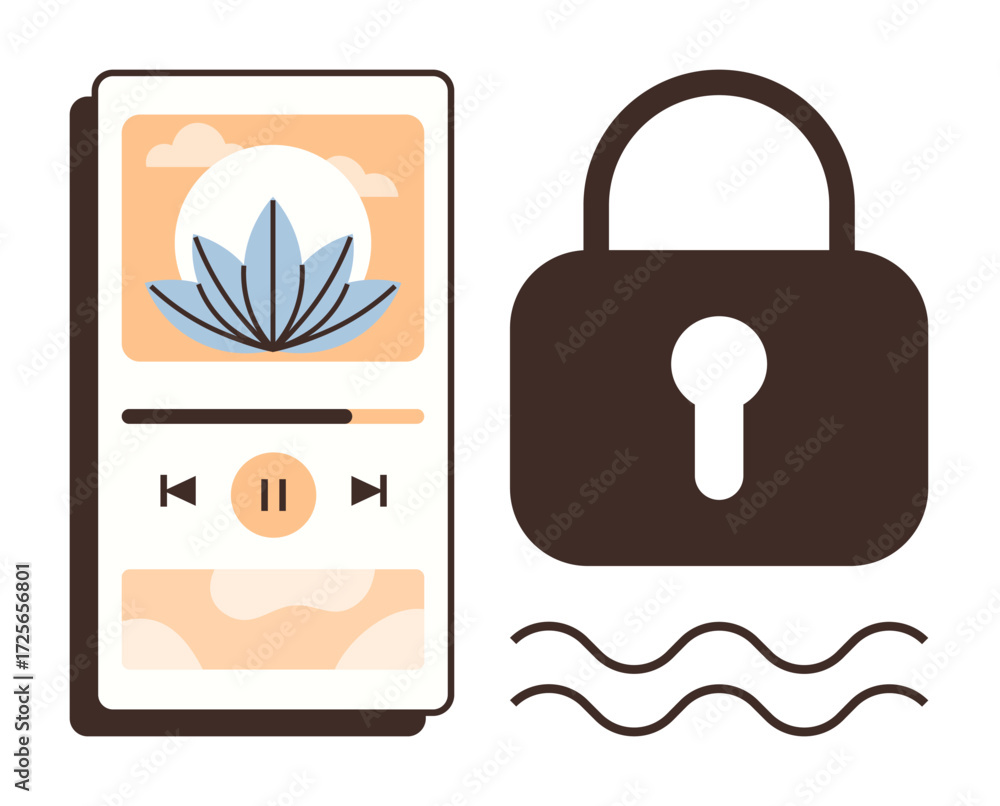 Poster music player interface with play and pause buttons alongside lock icon and wave lines. ideal for sec