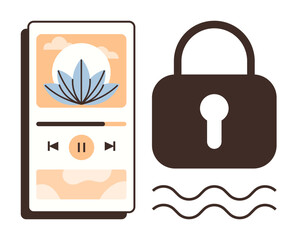 Music player interface with play and pause buttons alongside lock icon and wave lines. Ideal for security, privacy, music streaming, app protection, audio content, encryption, simple flat metaphor