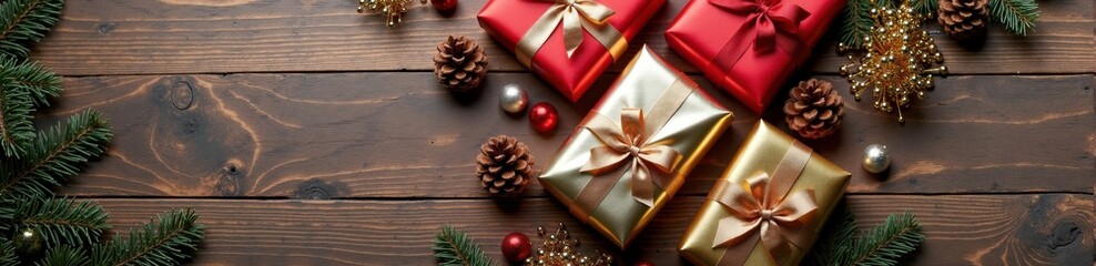 Christmas gifts and decorations on wooden table with pinecones and evergreen branches
