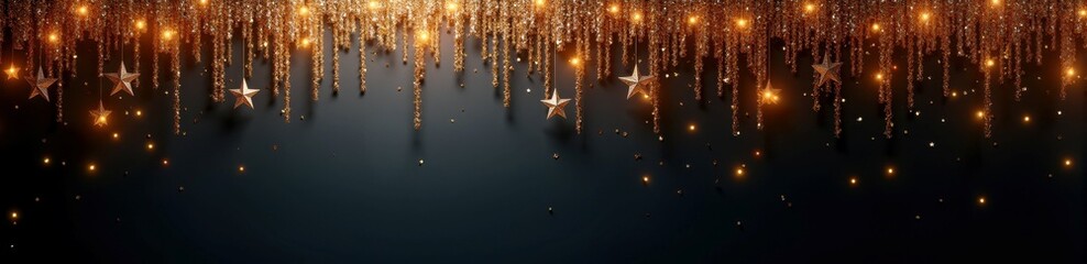 Golden glittering stars hanging with sparkling lights on dark background
