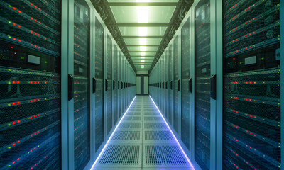 Fototapeta premium Futuristic server room with glowing lights, showcasing data center infrastructure and advanced technology.
