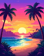 Vibrant Sunset Paradise Tropical Beach Scene at Dusk