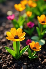 Spring mulch application, vibrant flowers blooming nearby, brown, nature, landscaping