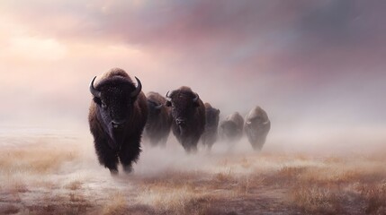 A majestic herd of bison thunders across a dusty prairie under a dramatic sunrise sky embodying the spirit of the wild