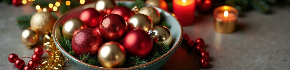 Festive bowl of red and gold christmas ornaments with pine branches and warm candlelight