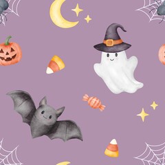 Watercolor cute Halloween seamless pattern with ghost, bat, pumpkin, spider web, moon and candies on purple background