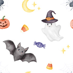 Watercolor cute Halloween seamless pattern with ghost, bat, pumpkin, spider web, moon and candies on transparent background
