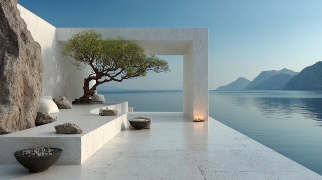 Zen architecture with quiet seascape